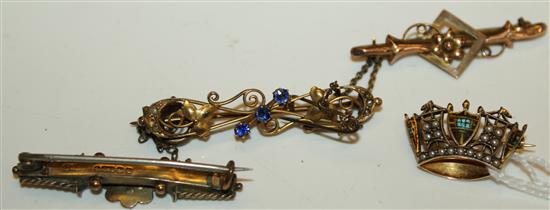 Three 9ct gold bar brooches, variously-set & a 9ct gold, enamel and pearl naval sweetheart brooch